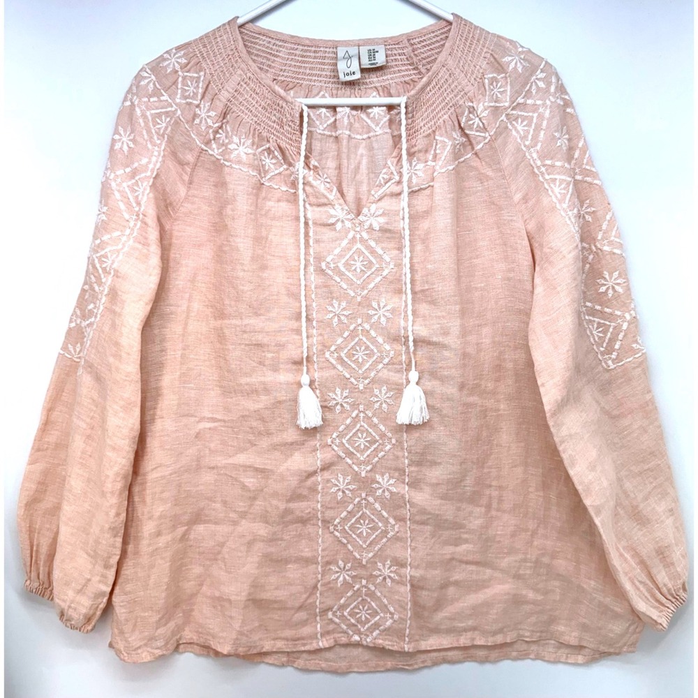 Joie Peach Embroidered Peasant Blouse